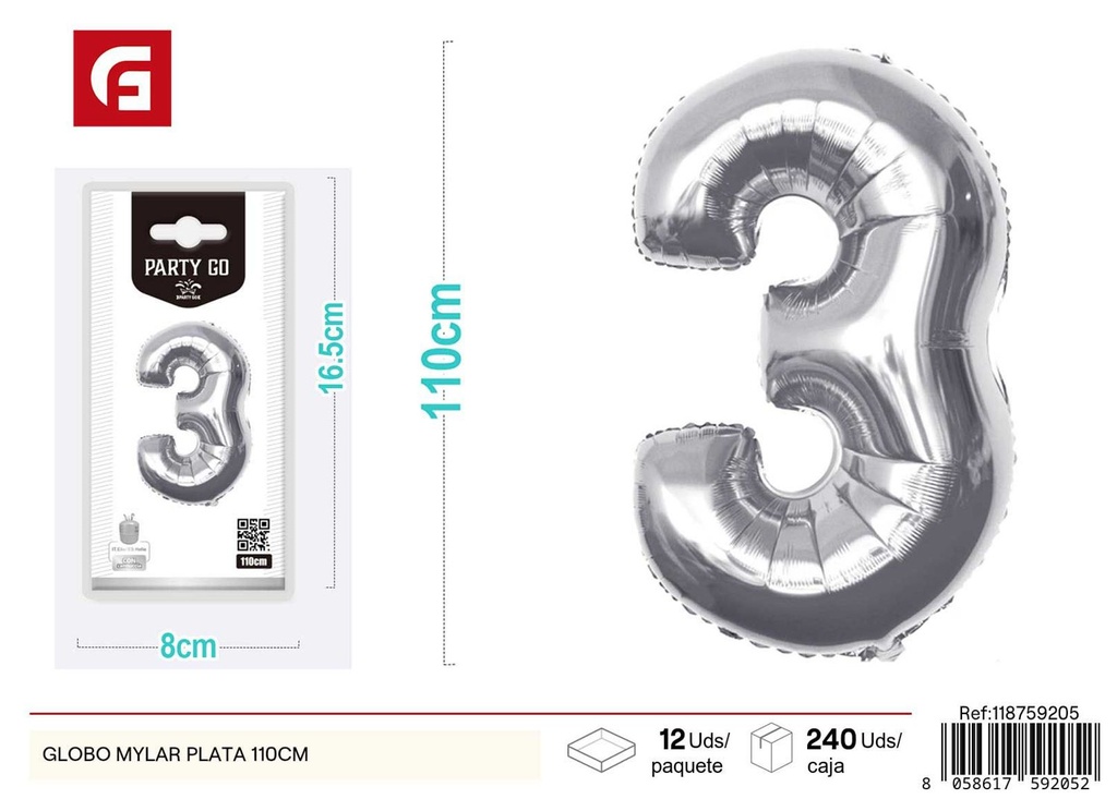 Globo mylar plata número 3 110 cm (pequeño paquete) - Decoración de fiesta