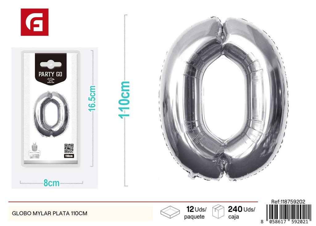 Globo mylar plata número 0 110 cm (pequeño paquete) - Decoración de fiesta