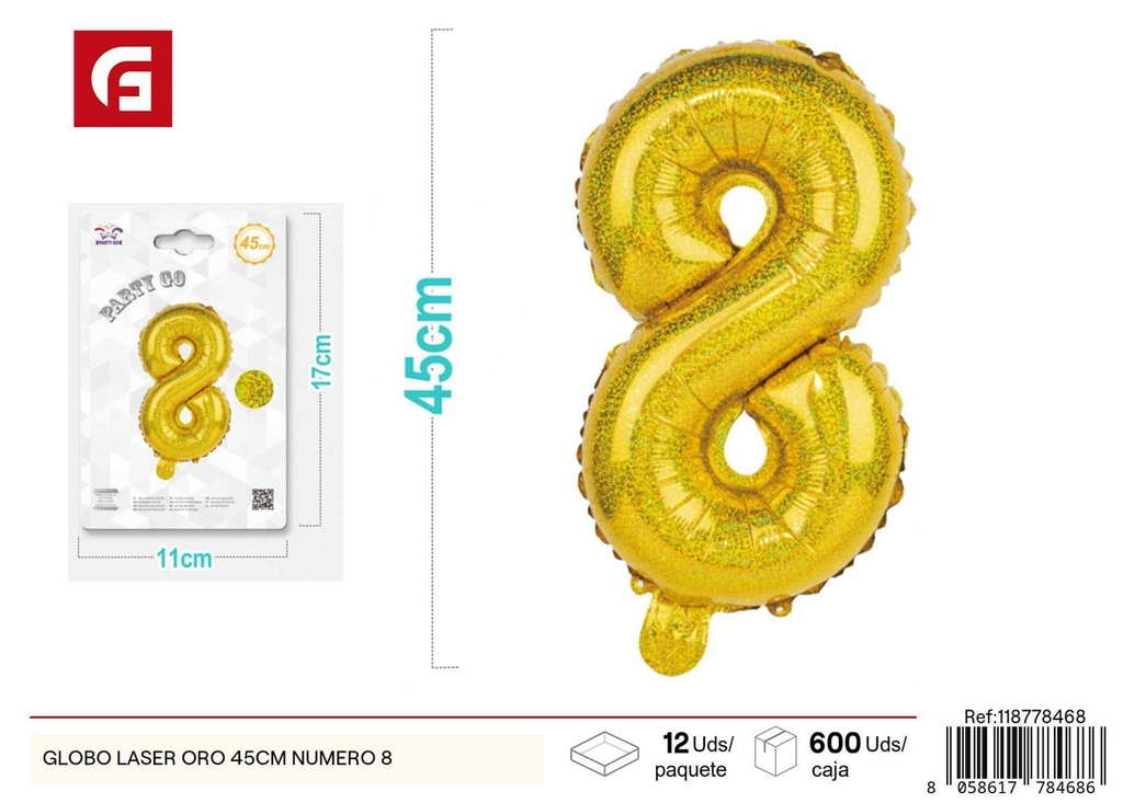 Globo láser oro número 8 45 cm 26 pulgadas - Decoración de fiesta