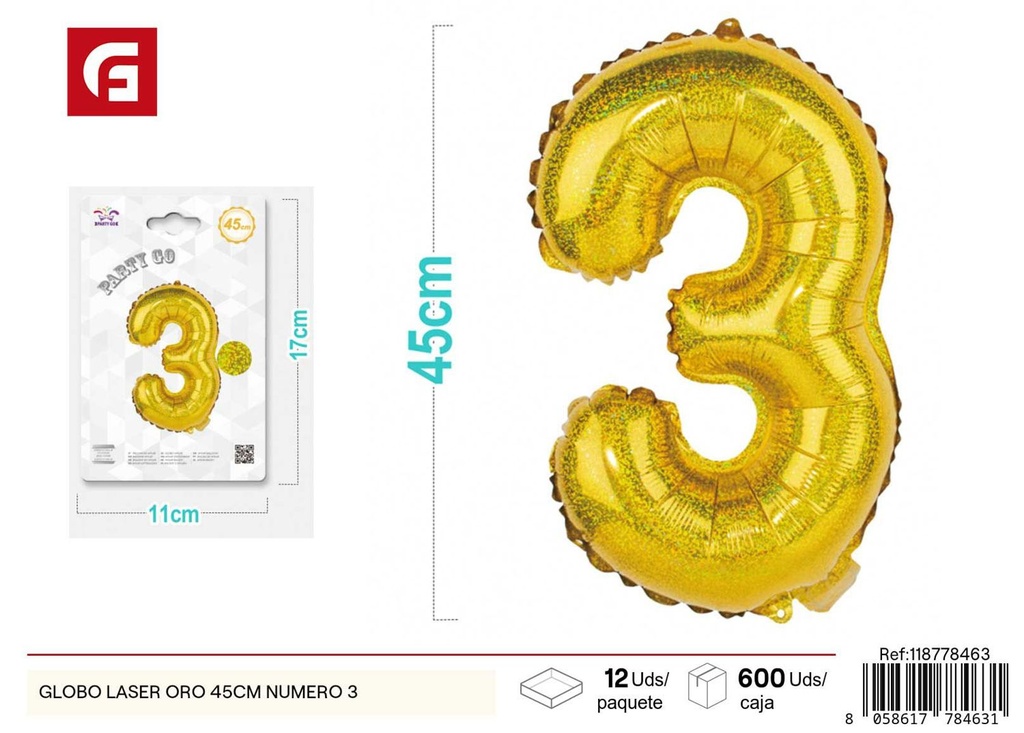 Globo láser oro número 3 45 cm 21 pulgadas - Decoración de fiesta