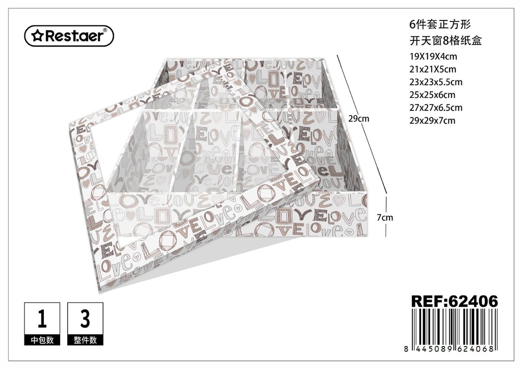 Caja de papel con ventana 6 piezas cuadradas 29x29x7cm - Artículos de regalo y envase
