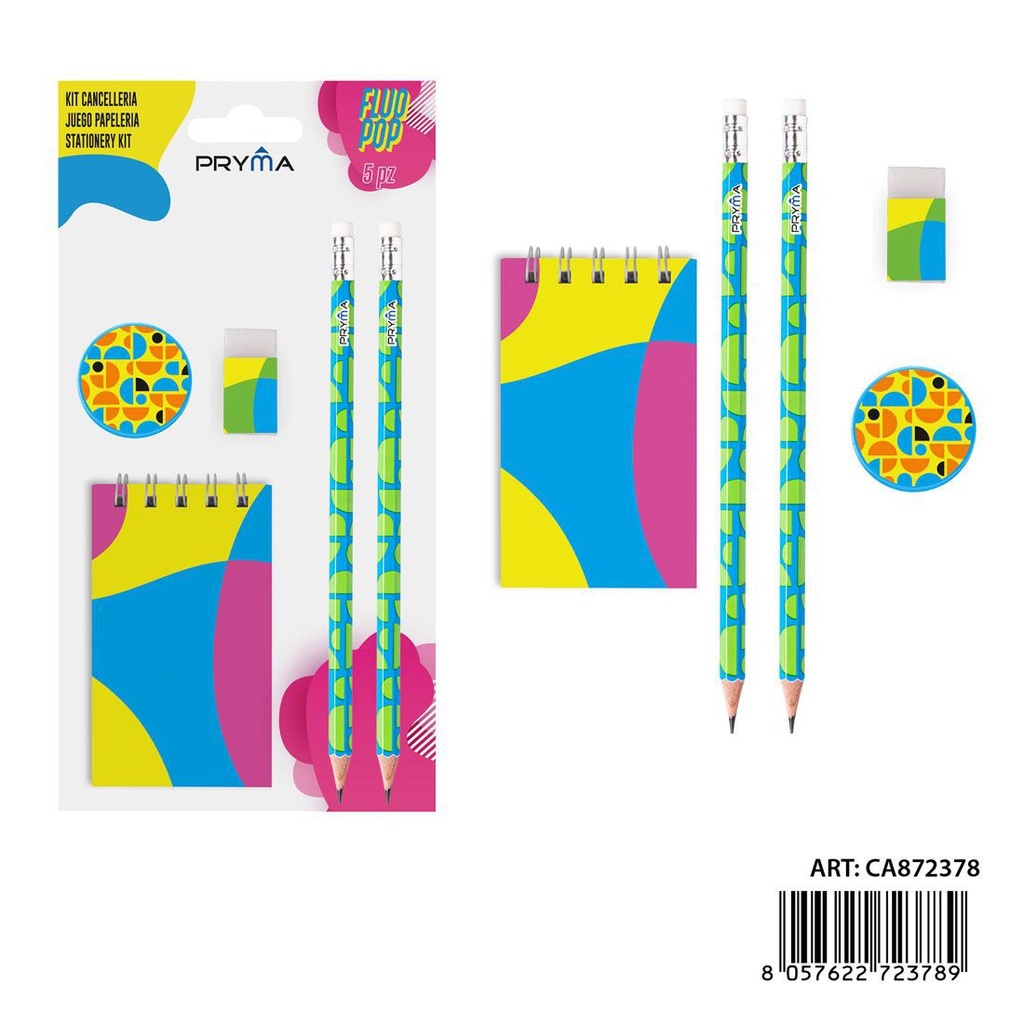 Juego de papelería 5 piezas - Cuaderno, sacapuntas, goma, lápiz - Artículos de papelería