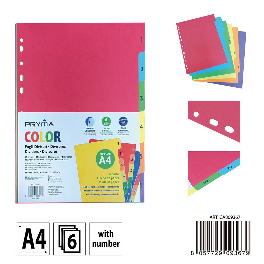Separadores de archivos A4 en color (6 números) - Papelería escolar y organización