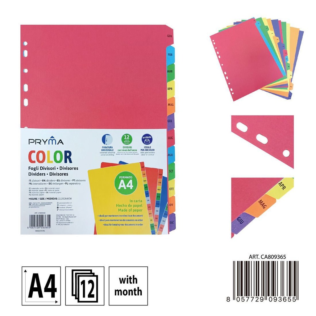 Separadores de archivos A4 en color 12 meses - Papelería y separadores