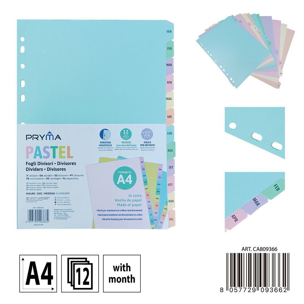 Separadores de archivos A4 color pastel con 12 meses - Organizador de documentos