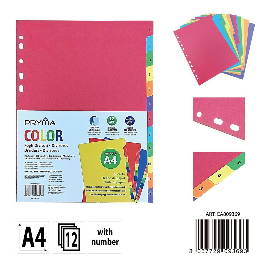 Separadores de archivos A4 en color con 12 números - Organizador de documentos