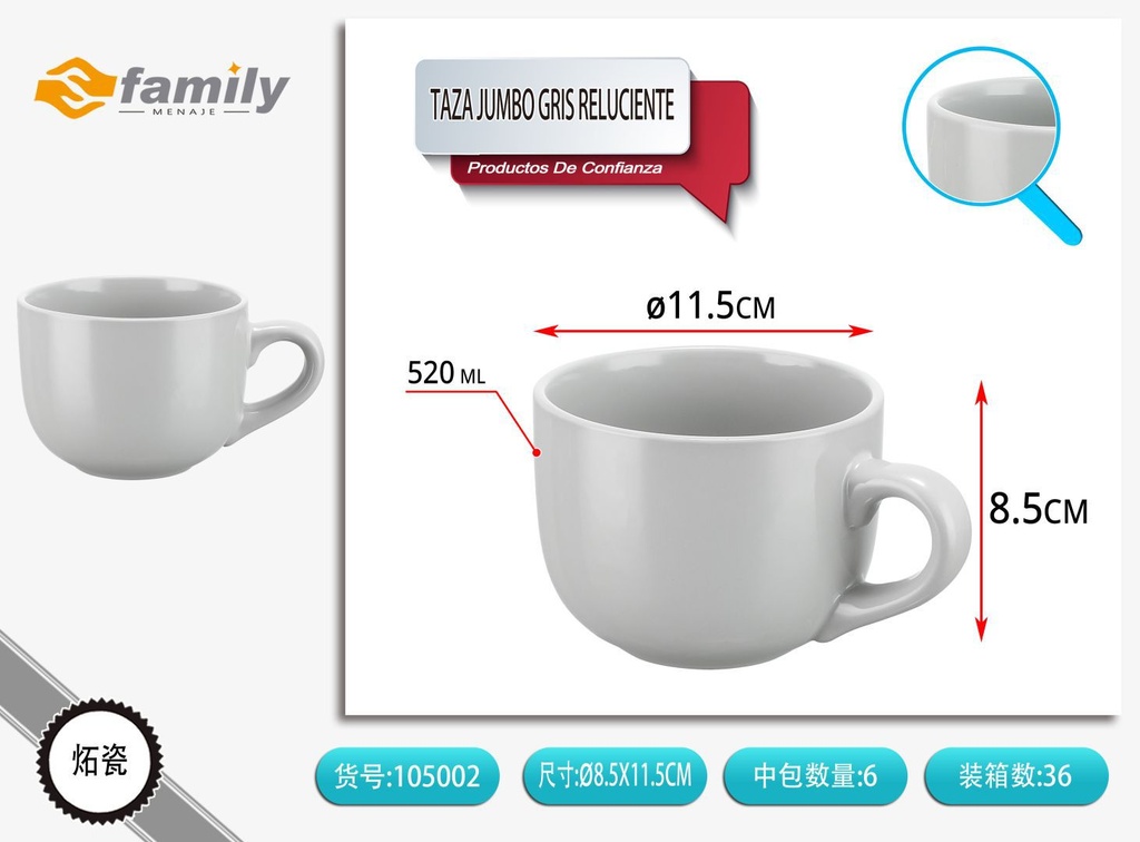 Taza jumbo gris reluciente 520 ml - Cerámica y vajillas