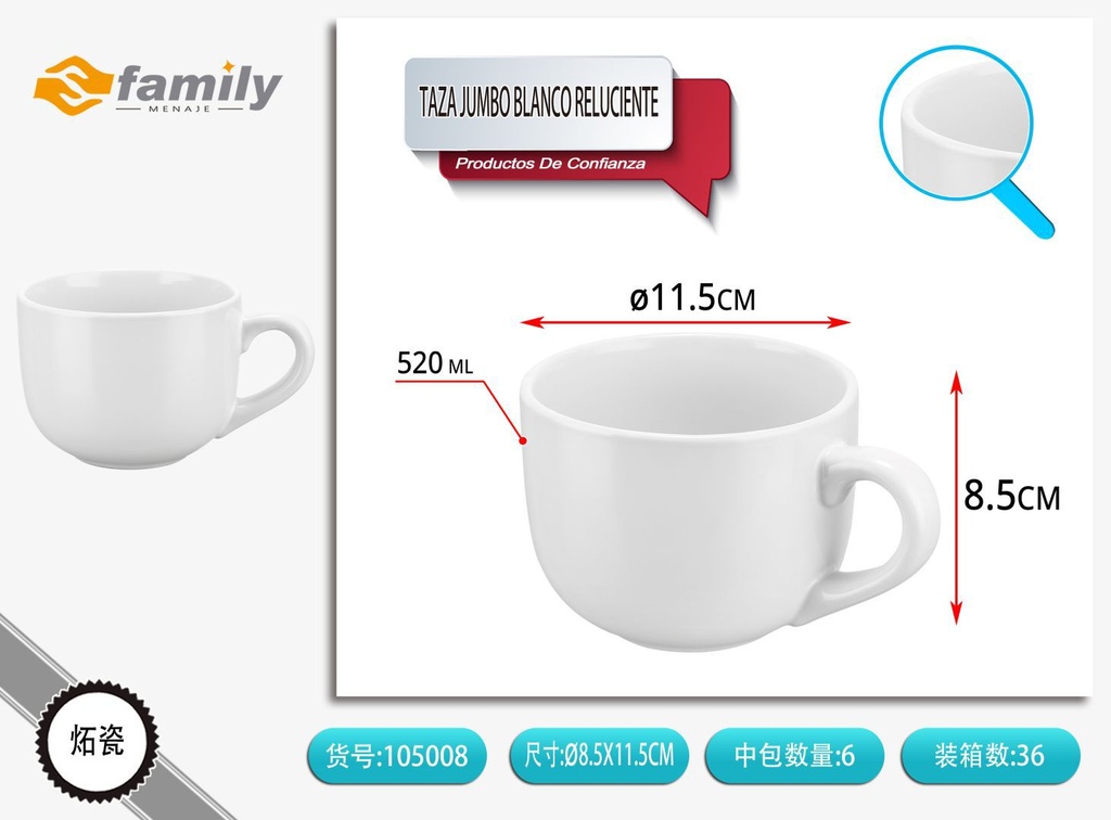 Taza jumbo blanca reluciente 520 ml - Cerámica y vajillas