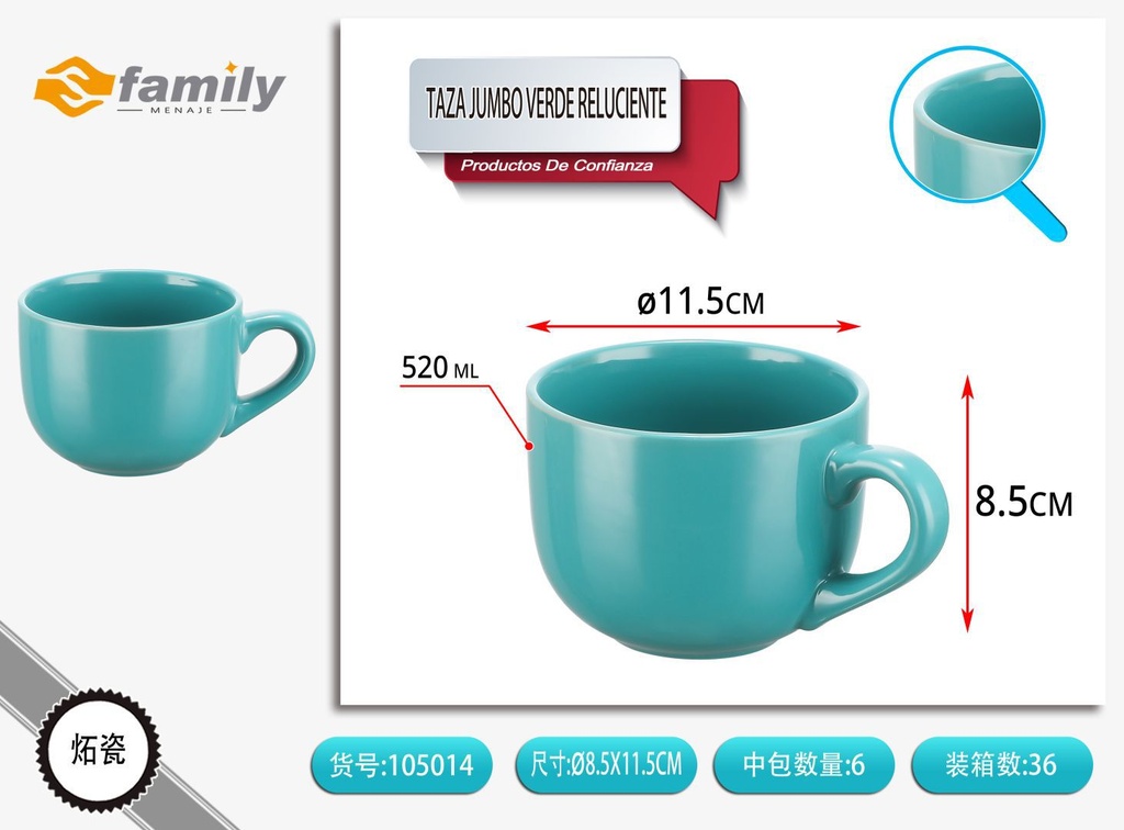 Taza jumbo verde reluciente 520 ml - Cerámica y vajillas