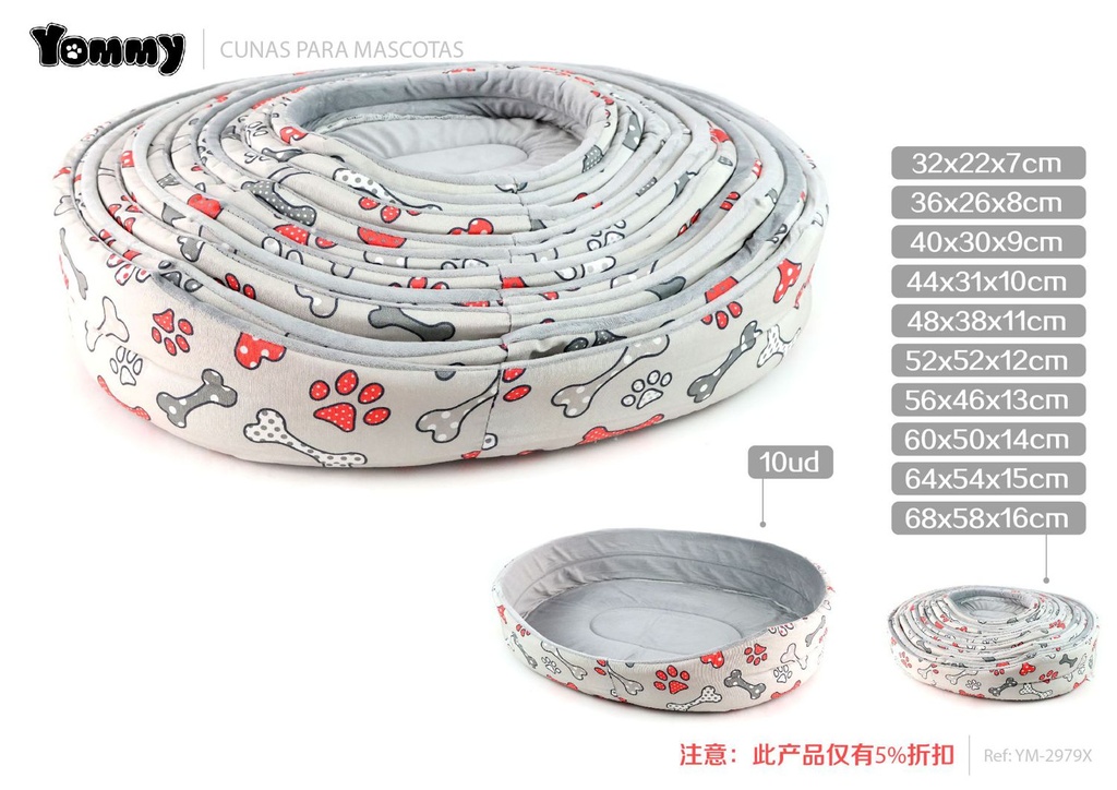 Cuna de perro con huesos y huellas tricolor ultra suave + lona 68x58x16 cm - Cama para mascotas