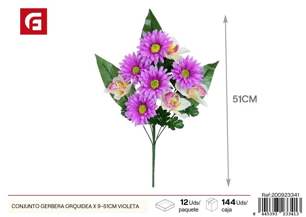Conjunto de Gerberas y Orquídeas, 9 unidades - 51 cm, color violeta