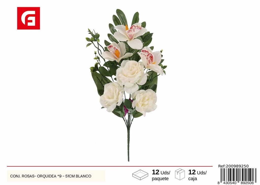 Conjunto de Rosas y Orquídeas, 9 unidades - 51 cm, color blanco
