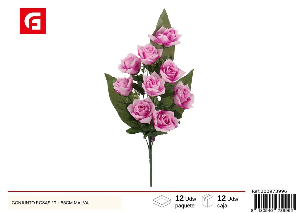Conjunto de Rosas, 9 unidades - 55 cm, color malva