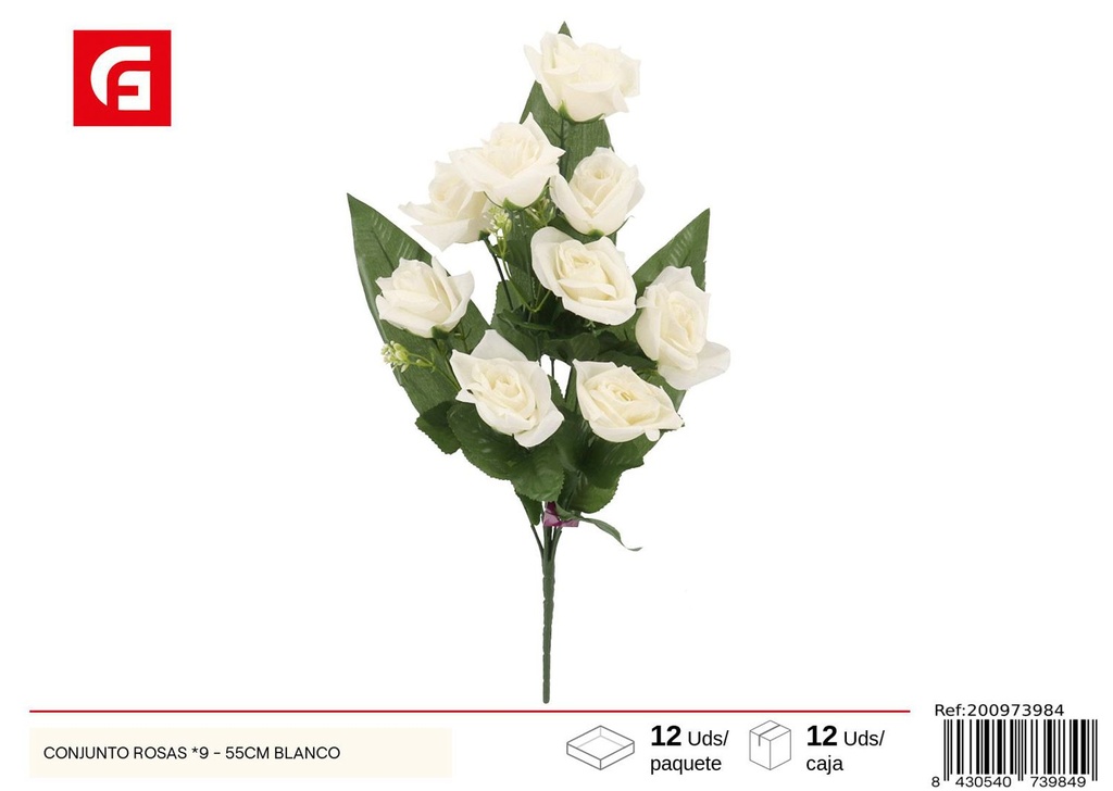Conjunto de Rosas, 9 unidades - 55 cm, color blanco