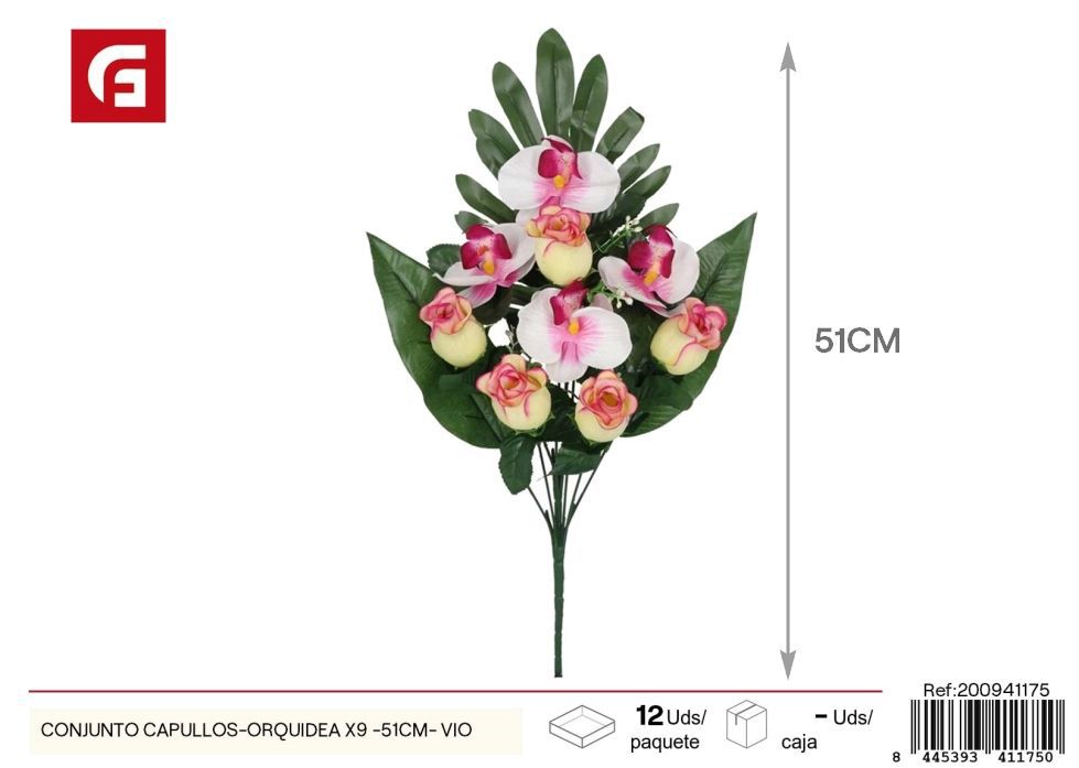 Conjunto de capullos y orquídeas x 9 - 51 cm - Violeta, flores artificiales decorativas