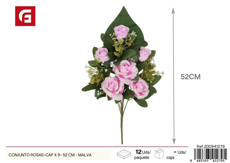 Conjunto de Rosas y Capullos, 9 unidades - 52 cm, color malva