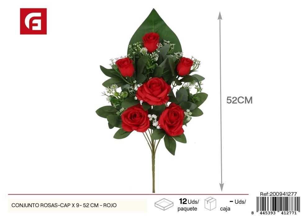 Conjunto de rosas y capullos x 9 - 52 cm - Rojo, flores artificiales