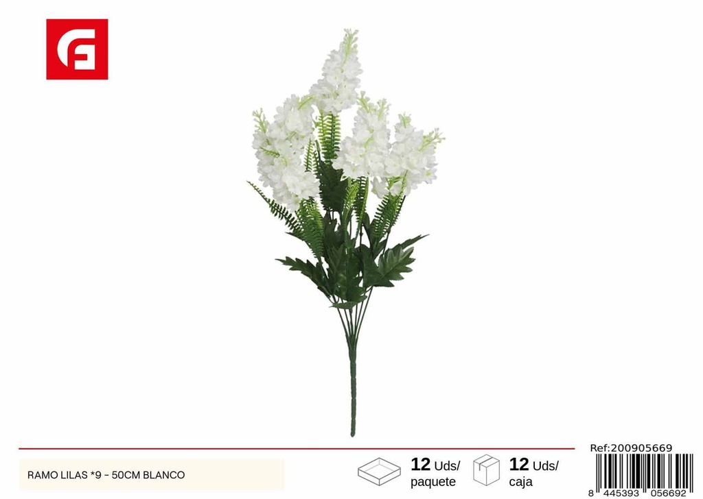 Ramo de Lilas, 9 unidades - 50 cm, color blanco