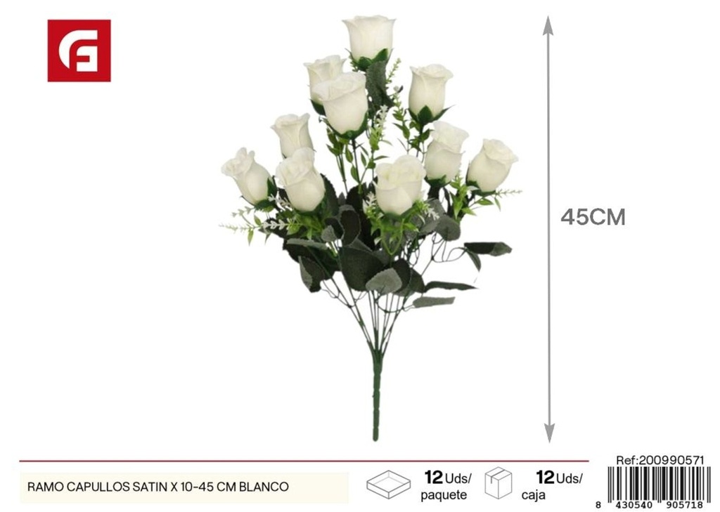 Ramo de capullos satinados de 10 piezas 45 cm blancos - Flores artificiales y decoración