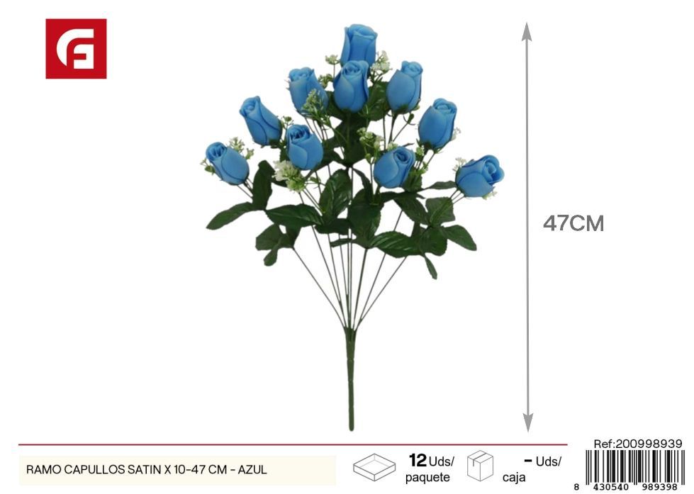Ramo de capullos satinados azul x10 47cm - Flores artificiales decorativas