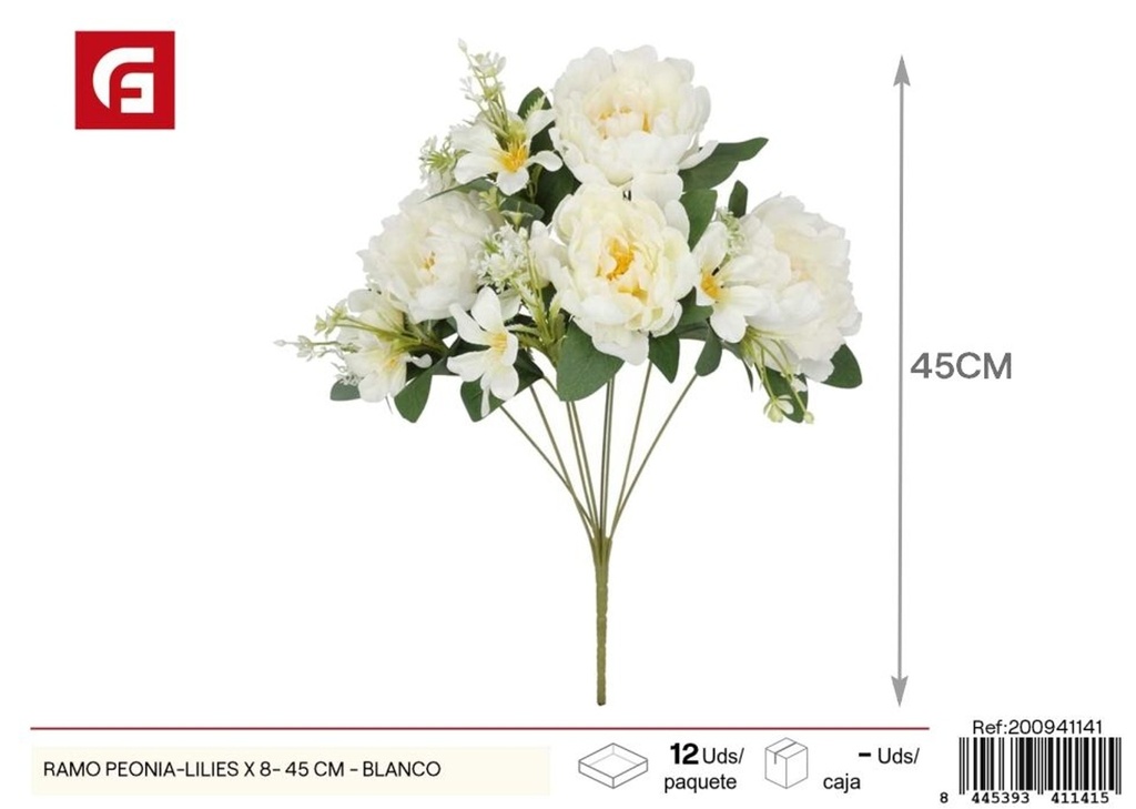 Ramo de peonías y lirios (8 ramas, 45 cm) en blanco - Decoraciones florales