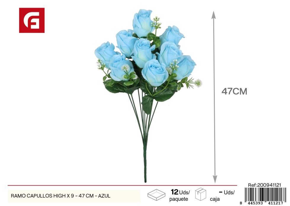 Ramo de capullos premium 9 uds - 47 cm - Color azul - Ramos decorativos de flores artificiales
