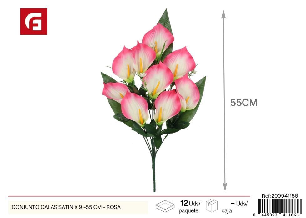 Conjunto de calas satinadas 9 uds - 55 cm - Color rosa - Ramos decorativos de flores artificiales