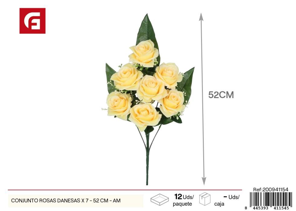 Conjunto de rosas danesas 7 uds - 52 cm - Color amarillo - Ramos decorativos de flores artificiales