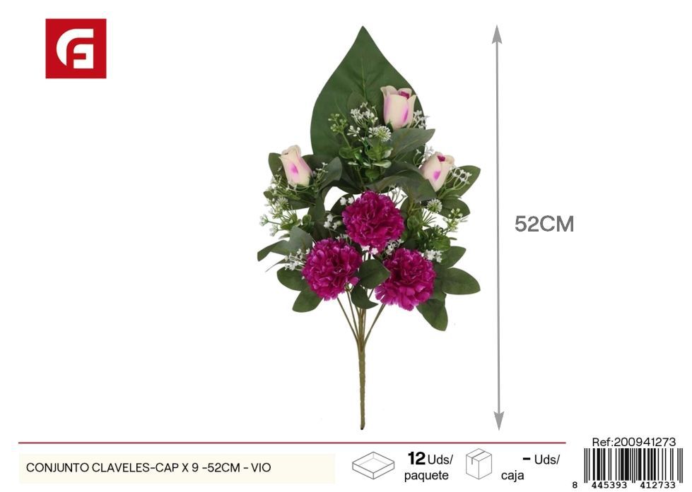 Conjunto de claveles y capullos 9 uds - 52 cm - Color violeta - Ramos decorativos de flores artificiales