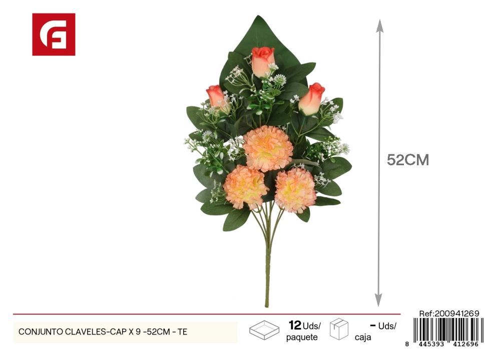 Conjunto de claveles y capullos 9 uds - 52 cm - Color té - Ramos decorativos de flores artificiales
