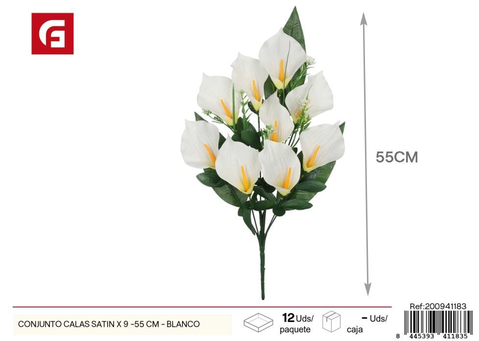 Conjunto de calas satinadas 9 uds - 55 cm - Color blanco - Ramos decorativos de flores artificiales
