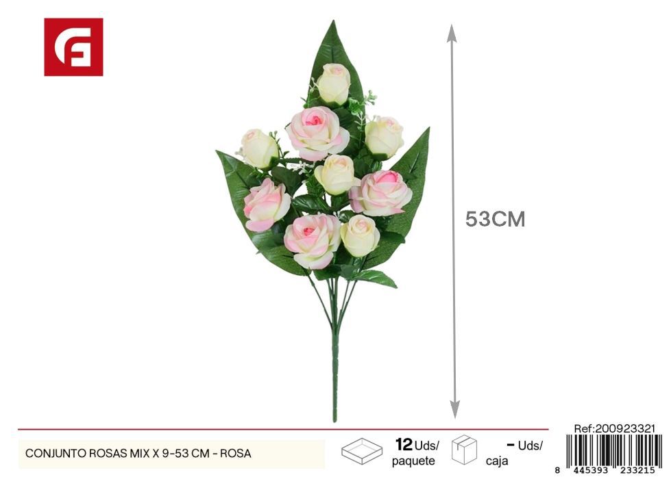 Conjunto de rosas rosas 9 piezas - Ramos de flores híbridas y decorativas