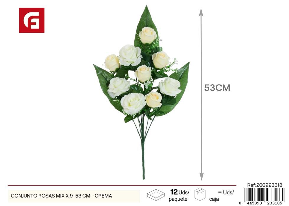 Conjunto de rosas mixtas 9 uds - 53 cm - Color crema - Ramos decorativos de flores artificiales