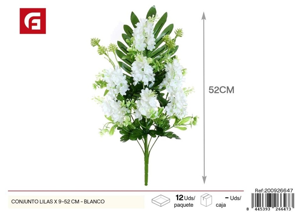 Conjunto de lilas artificiales (9 ramas, 52 cm) en blanco - Decoraciones florales