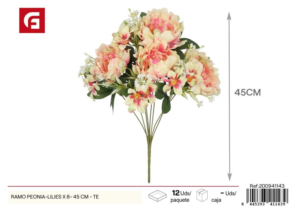 Ramo de peonías y lirios x 8 - 45 cm - Té, flores artificiales decorativas