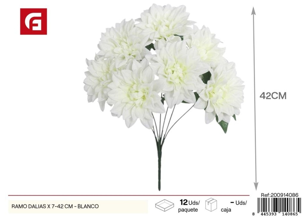 Ramo de dalias artificiales (7 ramas, 42 cm) en blanco - Decoraciones florales