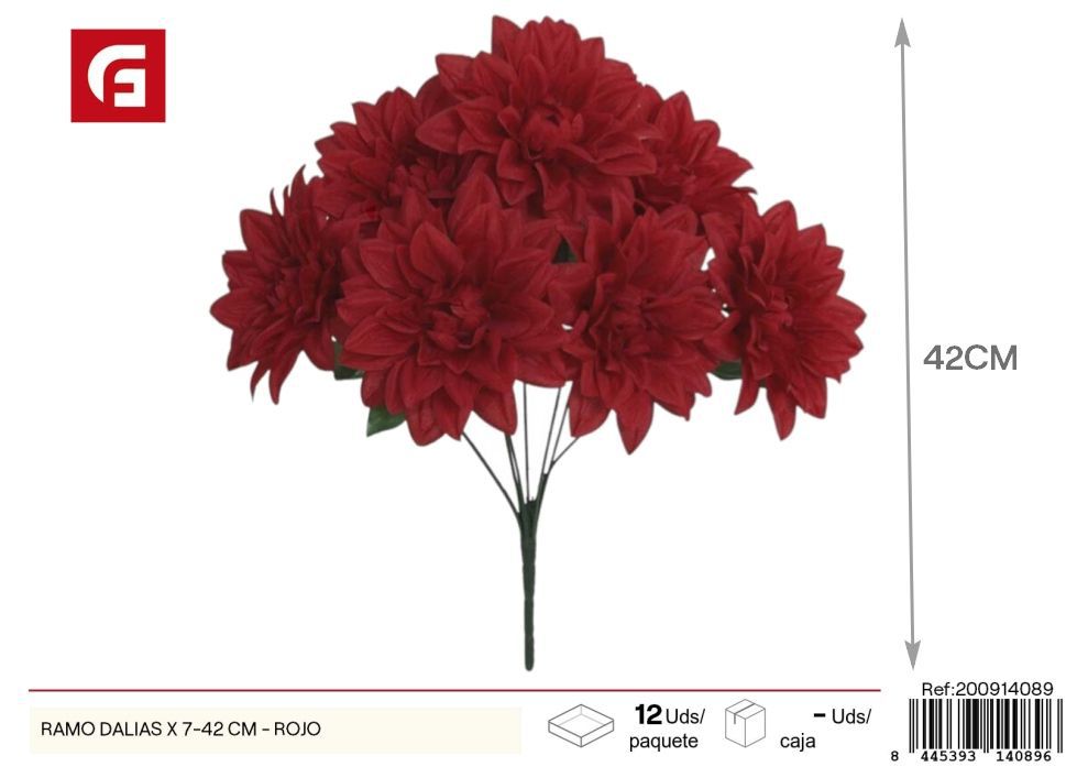 Ramo de dalias 7 piezas 42 cm - Color rojo - Flores artificiales decorativas