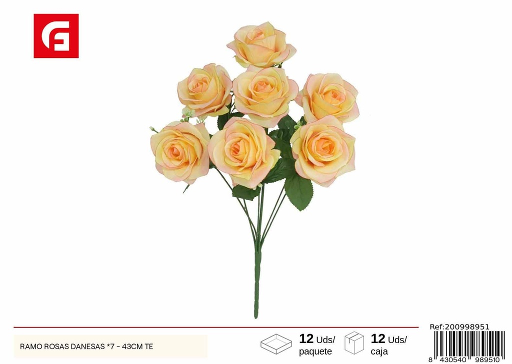 Ramo de rosas danesas x7 43cm color té - Flores artificiales y decoración floral