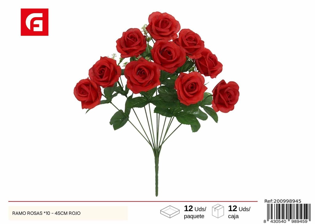 Ramo de rosas rojas x10 45cm - Flores artificiales y decoración floral