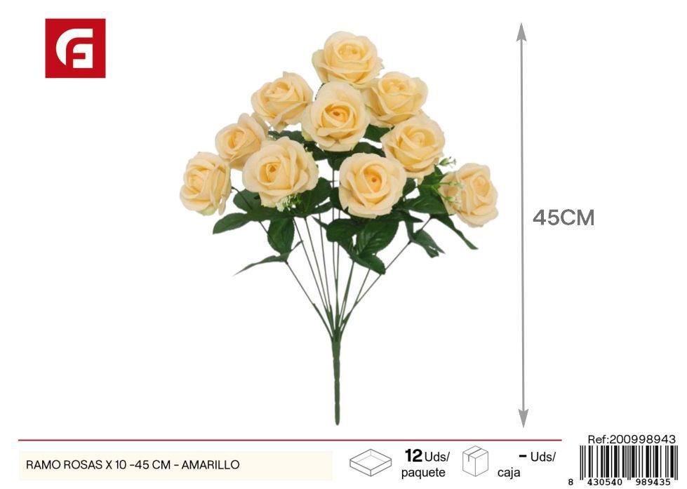 Ramo de rosas amarillas x10 45cm - Flores artificiales y decoración floral
