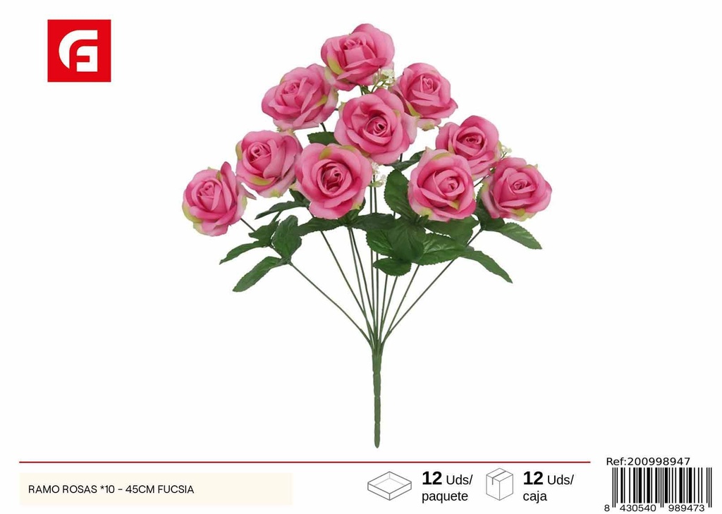 Ramo de rosas fucsias x10 45cm - Flores artificiales y decoración floral