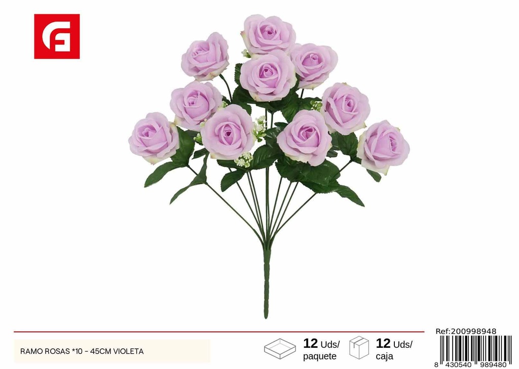 Ramo de rosas violetas x10 45cm - Flores artificiales y decoración floral