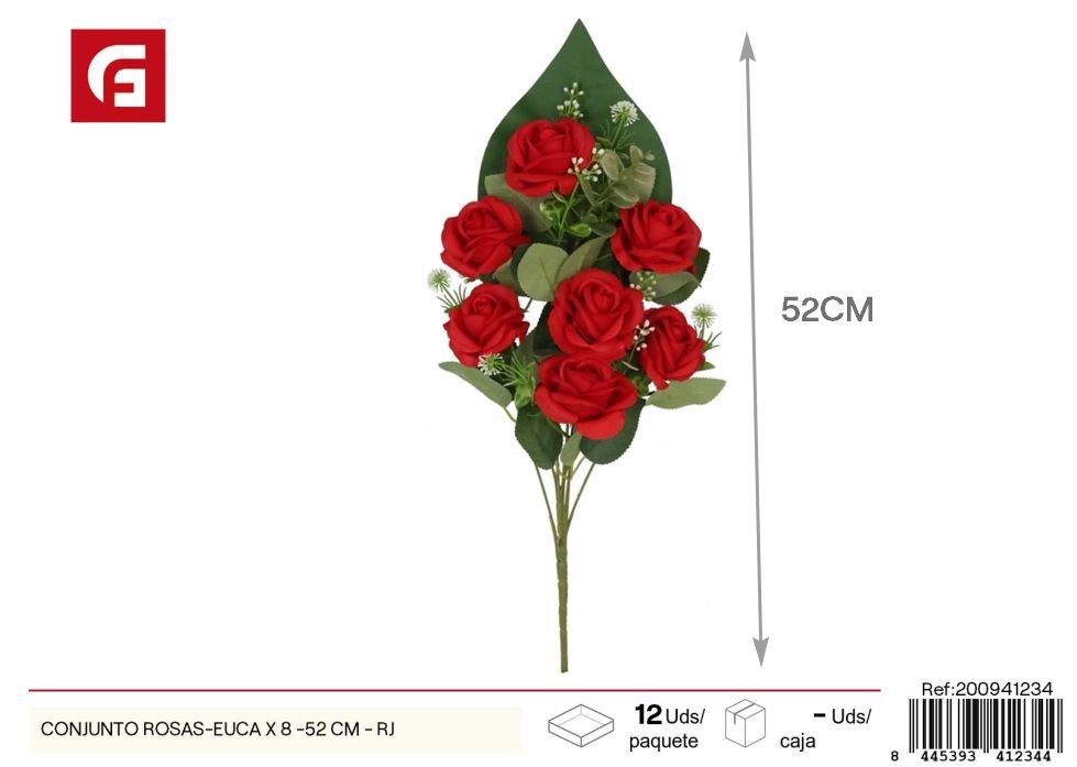 Conjunto de rosas-eucalipto 8 piezas 52 cm - Color rojo - Flores artificiales decorativas