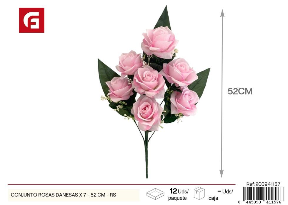 Conjunto de rosas danesas 7 piezas 52 cm - Color rosa - Flores artificiales decorativas