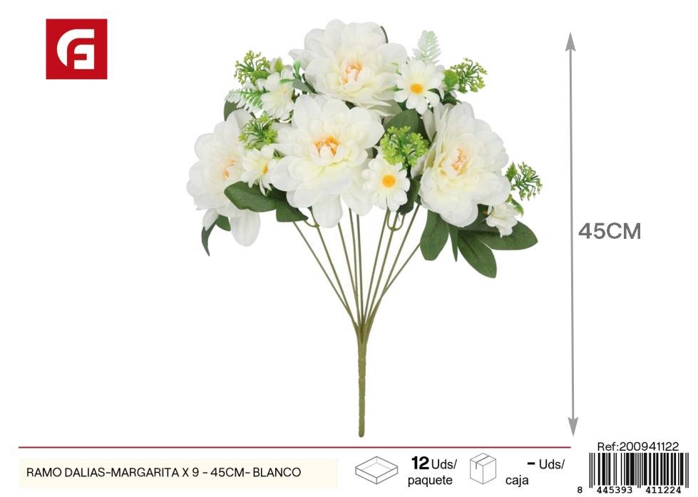 Ramo de dalias y margaritas x 9 - 45 cm - Blanco, flores artificiales decorativas