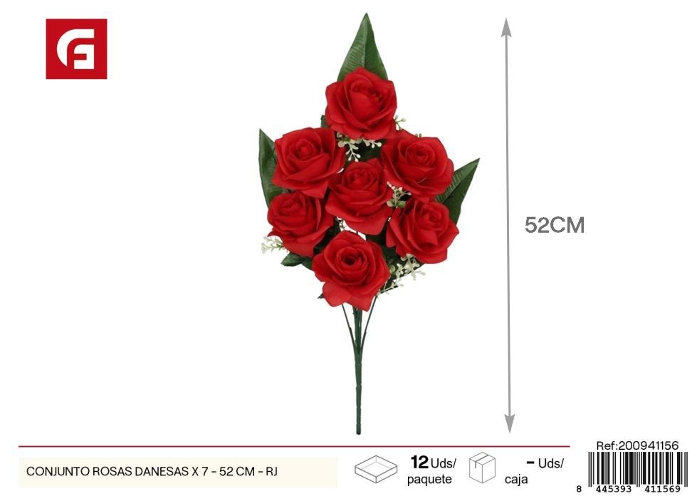 Conjunto de rosas danesas 7 piezas 52 cm - Color rojo - Flores artificiales decorativas