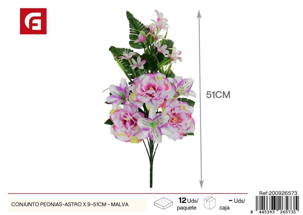 Conjunto de peonias y astromelias malvas 9 piezas 51 cm - Flores artificiales decorativas