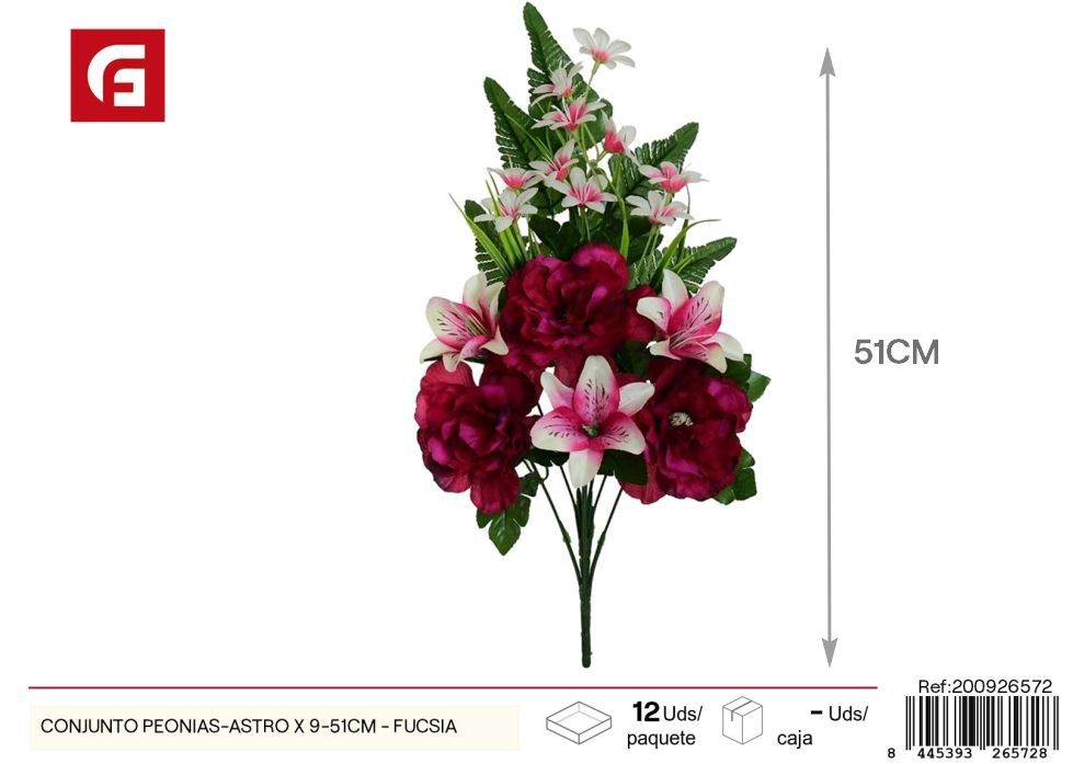Conjunto de peonias y astromelias fucsias 9 piezas 51 cm - Ramos de flores simuladas