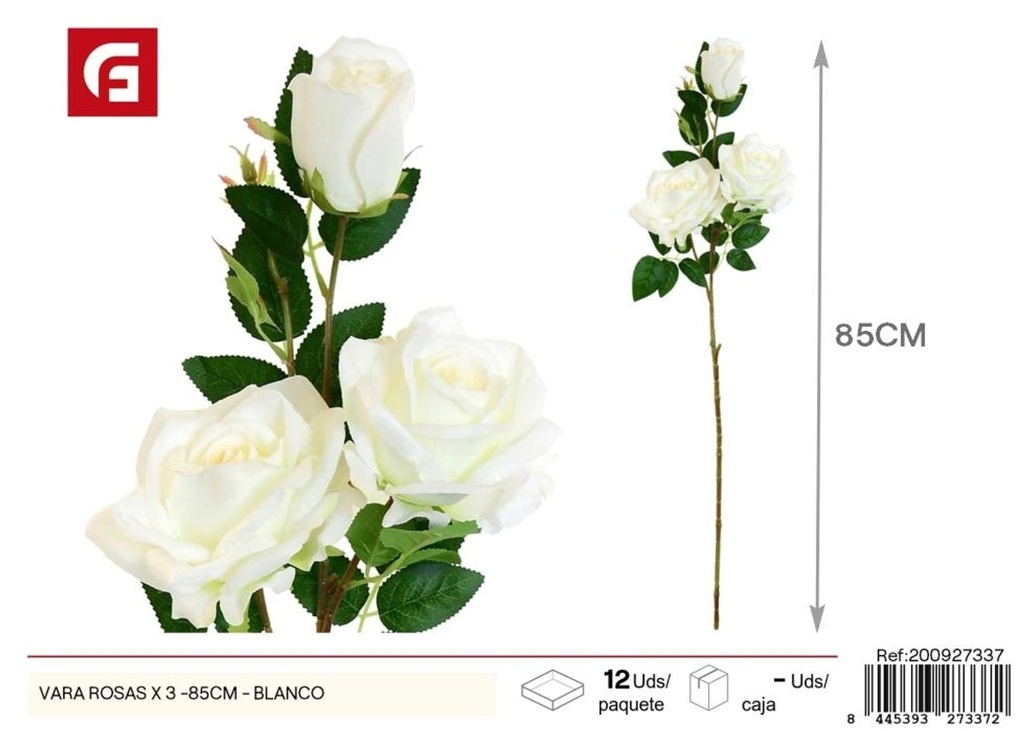 Rama de rosas artificiales (3 ramas, 85 cm) en blanco - Decoraciones florales