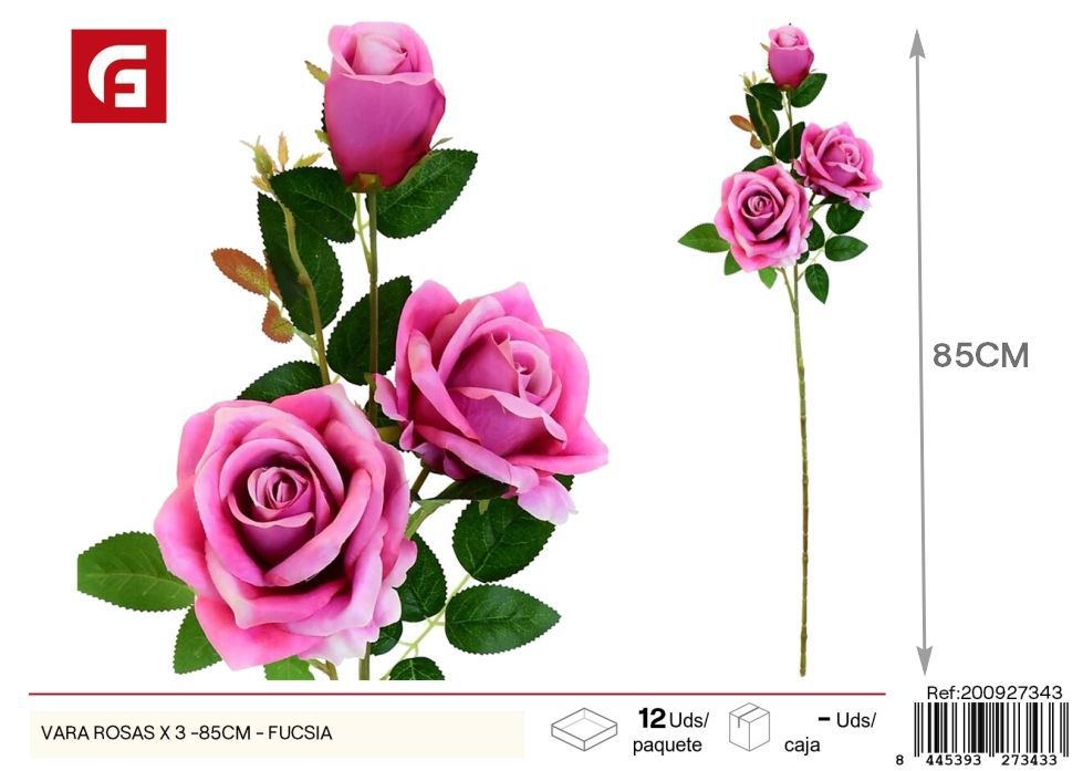 Vara de rosas fucsias 3 piezas 85 cm - Ramos decorativos vibrantes